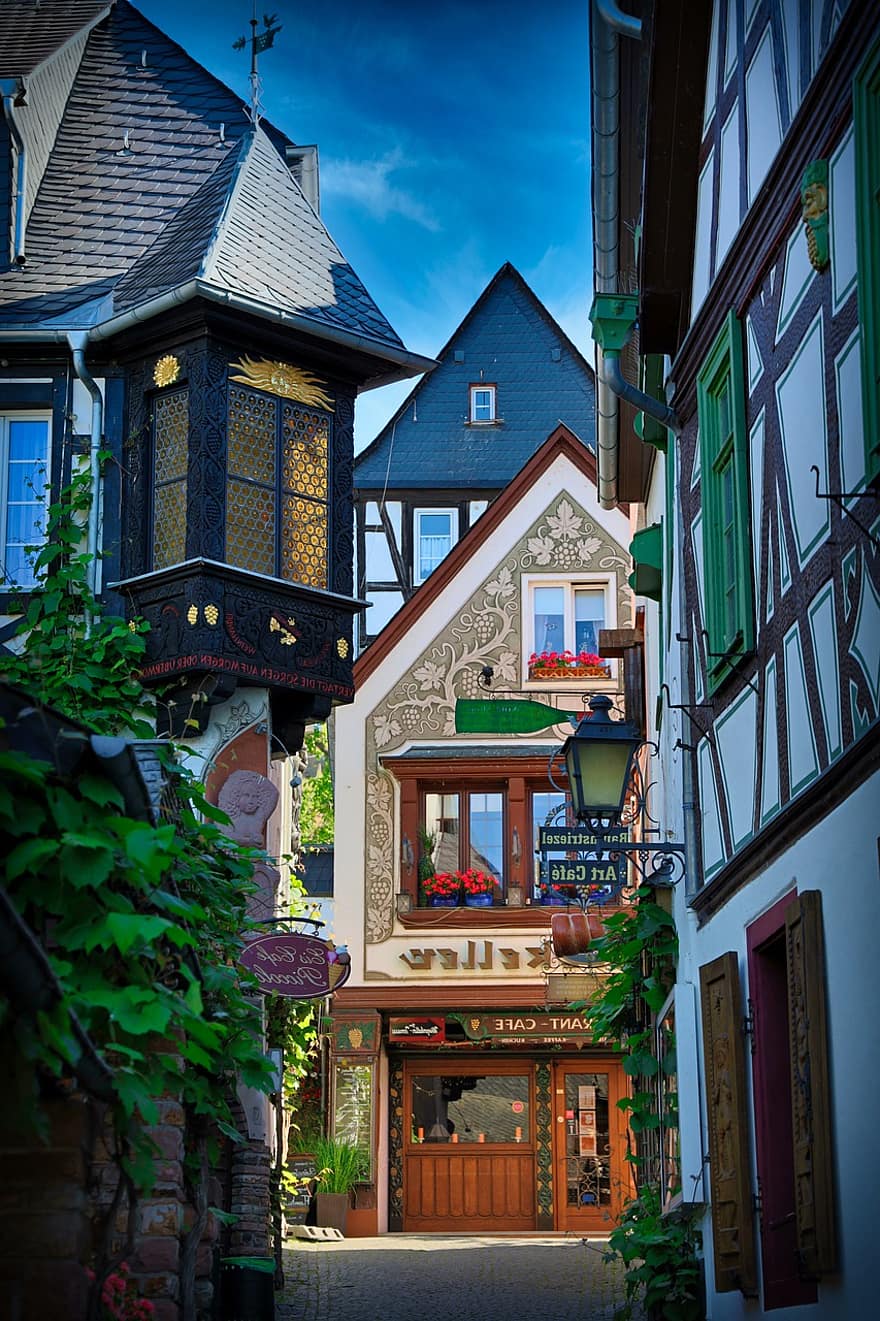 rüdesheim, iela, ēkām, pusfabrikāti, aleja, pilsēta, kopnes, mājas, tradicionāli, vecās ēkas, vecpilsēta