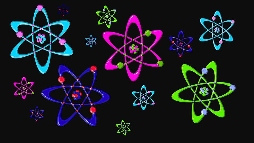 átomo, física, química, fondo, vistoso, atómico, 3d, ciencia, átomos, estructura molecular, electrón