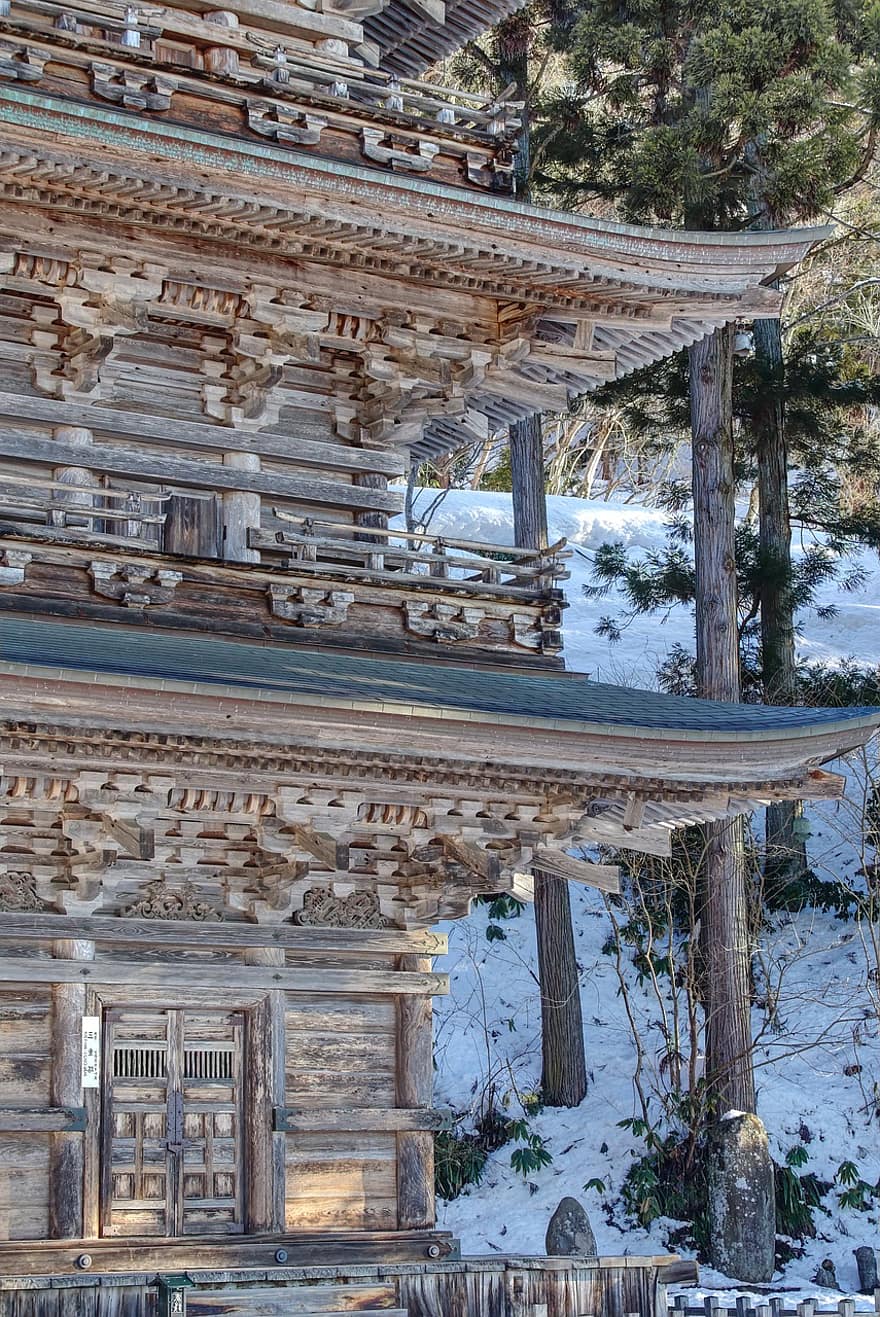pagoda, Japāna, ziemā, budisms, templis, svētnīca, arhitektūra, kultūras, vecs, koksne, vēsture