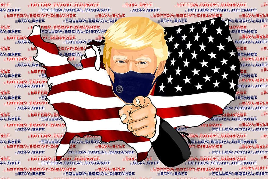 Donald Trump, maszk, elnök, higiénia, zászló, csíkok, csillagok, maradj biztonságban, társadalmi távolság, covid, covid-19
