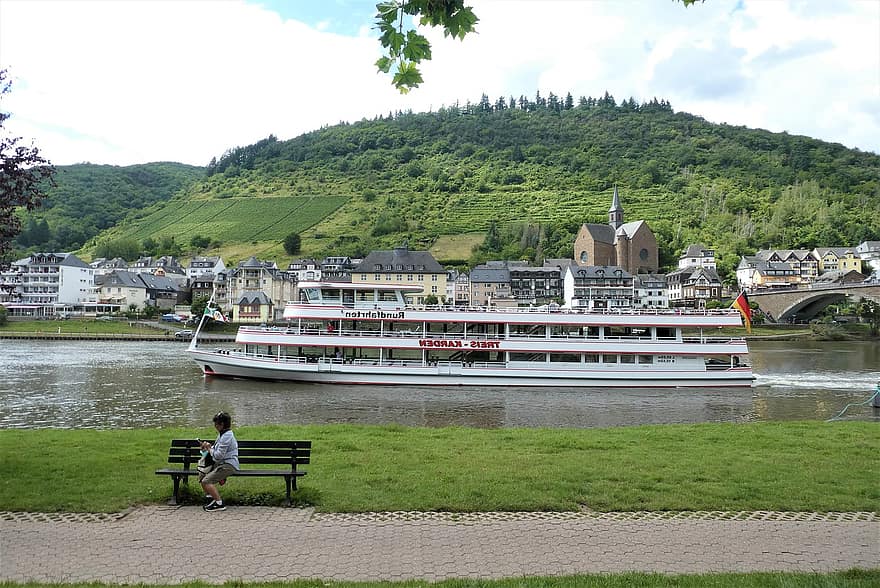 cochem, řeka, promenáda, vesnice, výletní loď, Moselle, Německo, město, krajina, panoráma města, architektura