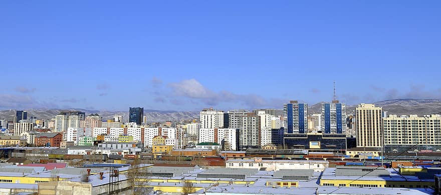 ciudad, invierno, ulaanbaatar, Mongolia, edificios, urbano, viaje, paisaje urbano, rascacielos, horizonte urbano, exterior del edificio