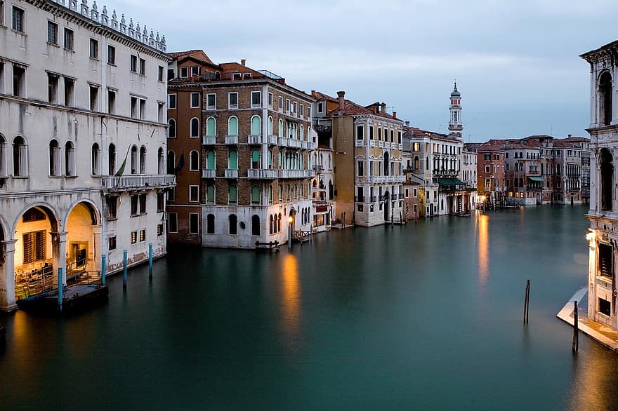 ciutat, canal, Venècia, edificis, llums, reflexió, aigua, via fluvial, famós, Ciutat famosa, gran canal