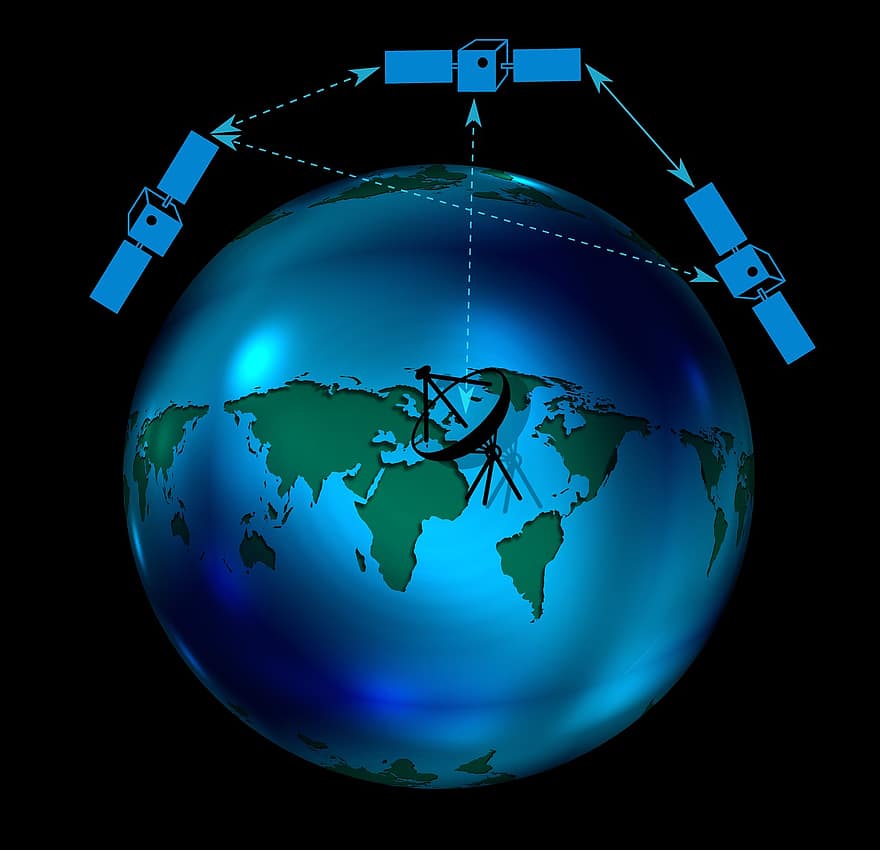 Ziemia, kontynenty, abstrakcyjny, satelita, recepcja, wysłać, antena, miska, świat, glob, światowy