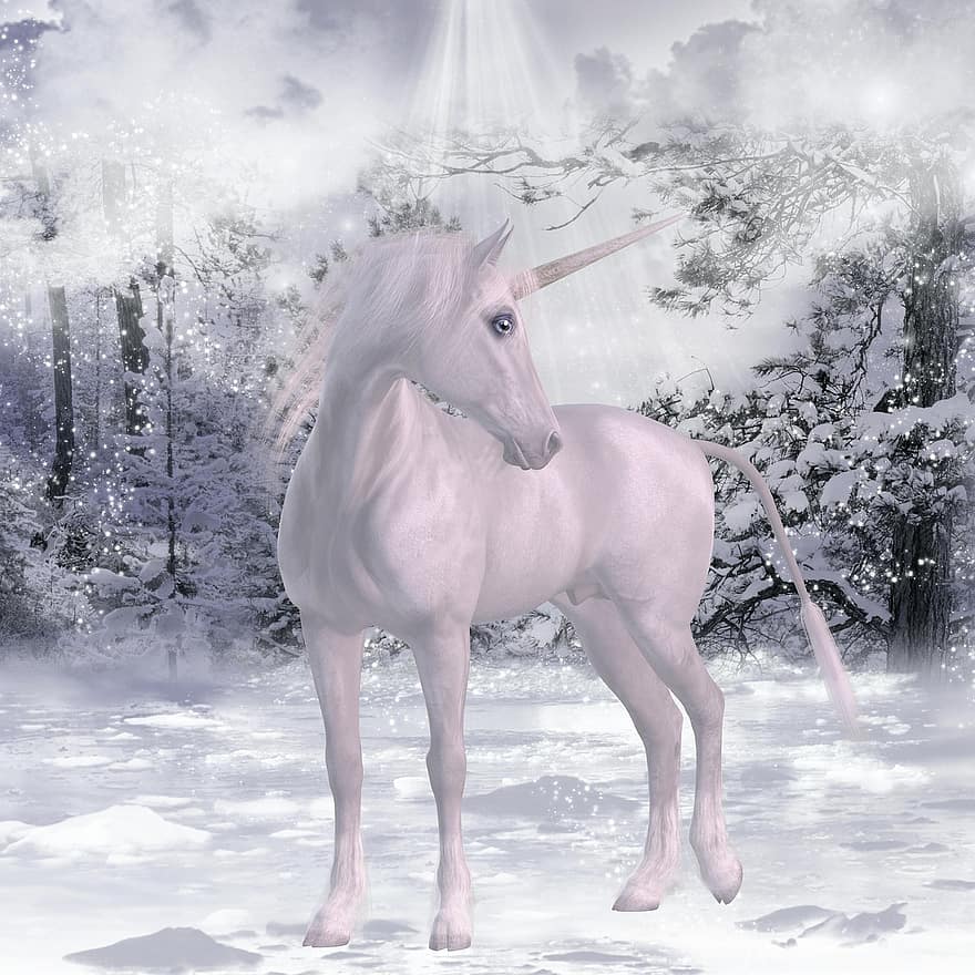unicorn, salju, dongeng, mistik, musim dingin, hutan, sihir, fantasi, makhluk mitos, pemandangan
