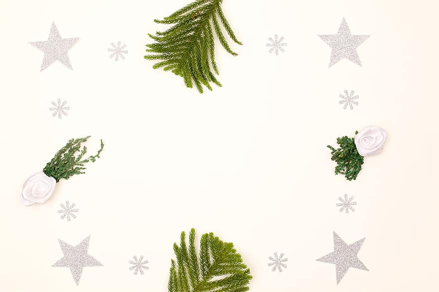 fons, Nadal, marc, frontera, ornament, decoració, branca d’abè, fulles, estrella, floc de neu, advent
