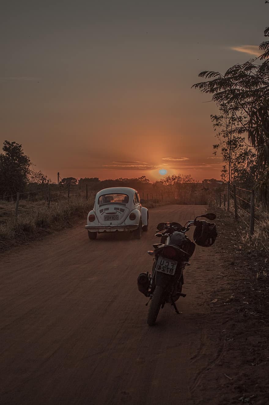 zonsondergang, auto, oude, motorfiets