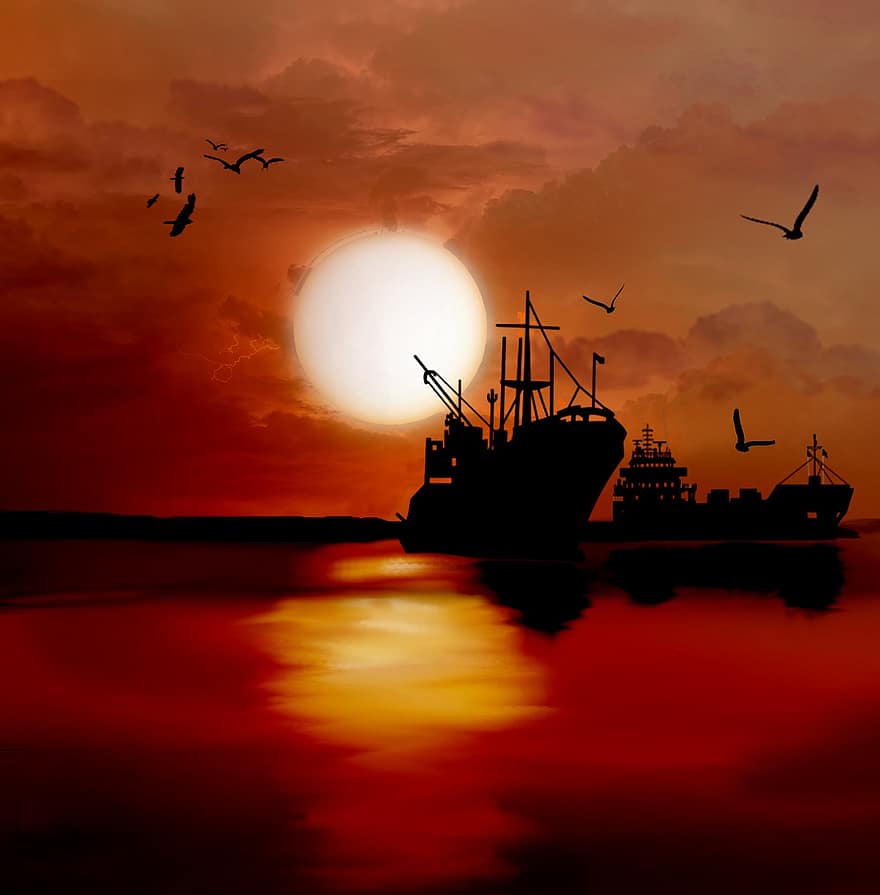 lodí, ptáků, západ slunce, soumrak, svítání, kanál, moře, voda, kontejner, vodní cesty, nákladní loď