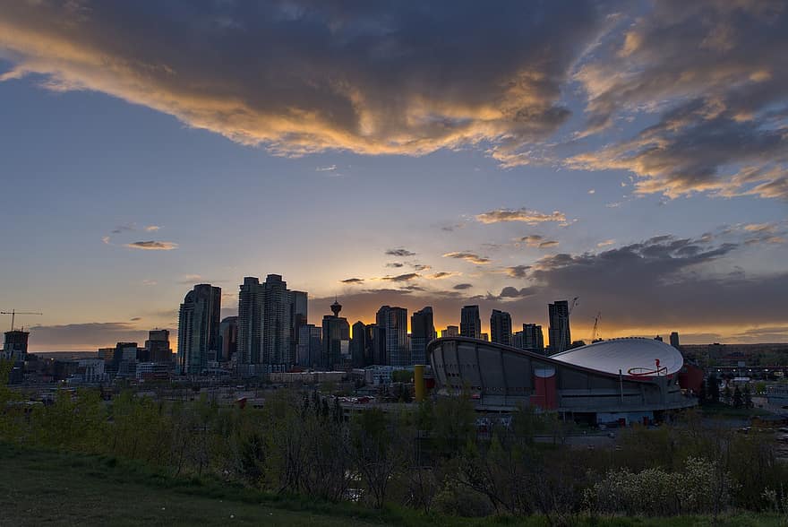 skyline, crepúsculo, pôr do sol, nuvens, Calgary