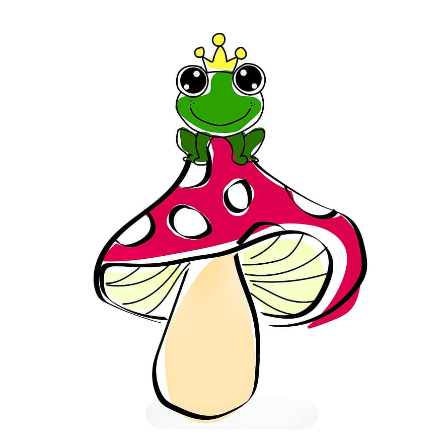 Frog, Mushroom, Fairy Tale, Frog Prince, Drawing, Children, Cute, Background, illustration, cartoon, vector