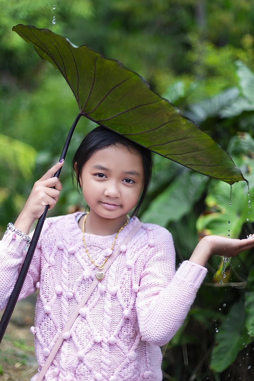 pige, smil, Bladparaply, blad, barn, ung, mode, smuk, nuttet, positur, Cambodian