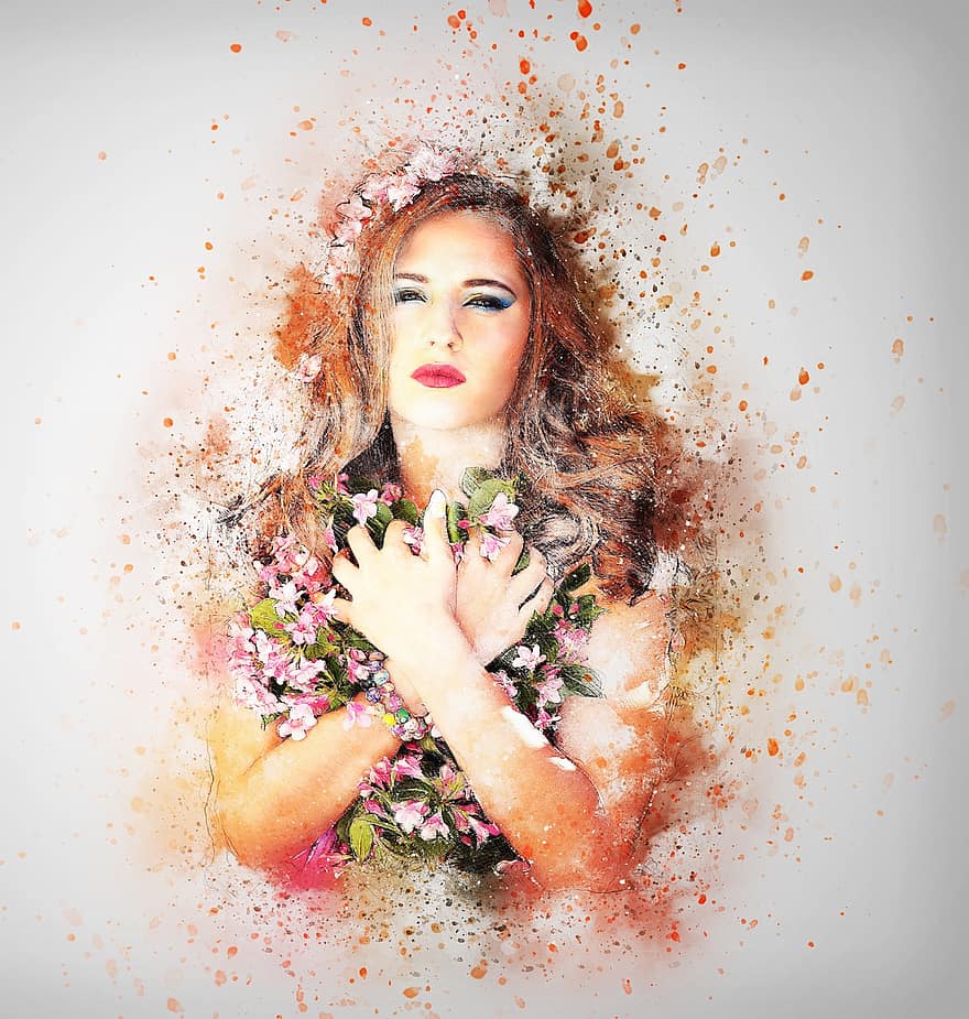 Girl, Spring, Flowers, Art, Abstract, Watercolor, Vintage, Nature, Woman, Beauty, Romantic