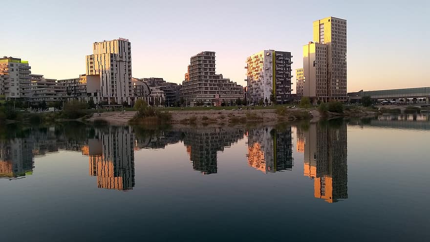 llac, edificis, Costa, Riba, reflexió de l’aigua, seestadt aspern, ciutat, àrea de desenvolupament