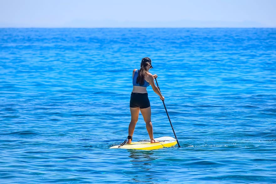 mulher, paddleboarding, aventura, ao ar livre, lazer, menina, remando, mar, esporte, ativo, verão