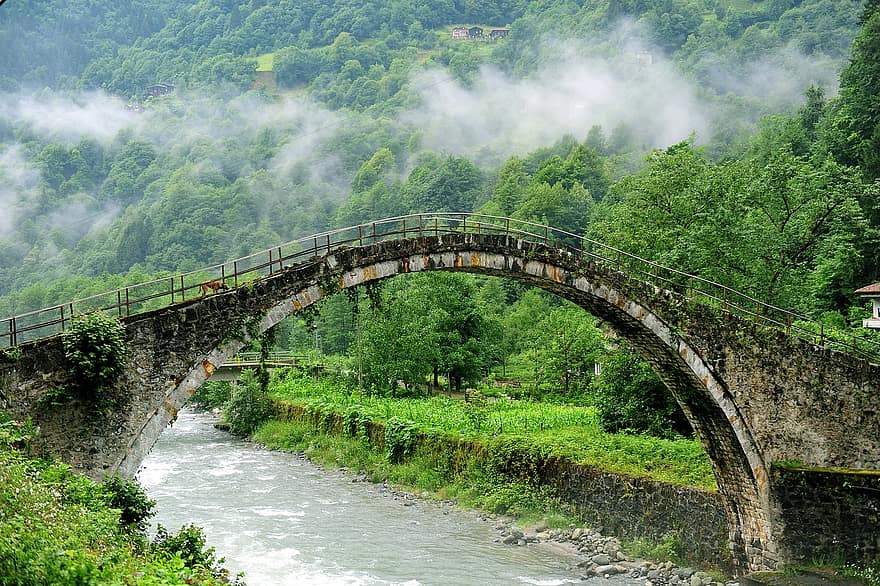 мост, река, мъглива планина, вода, гора, пейзаж, архитектура, планина, арка, известното място, стар