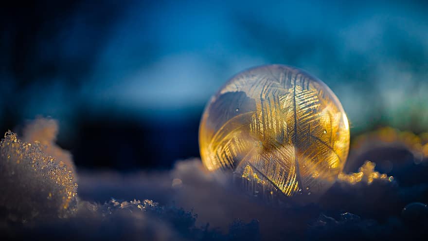 пузырь, замороженный, снег, свет, лед, ледяные кристаллы, мороз, зима, мыльный пузырь, мяч, холодно