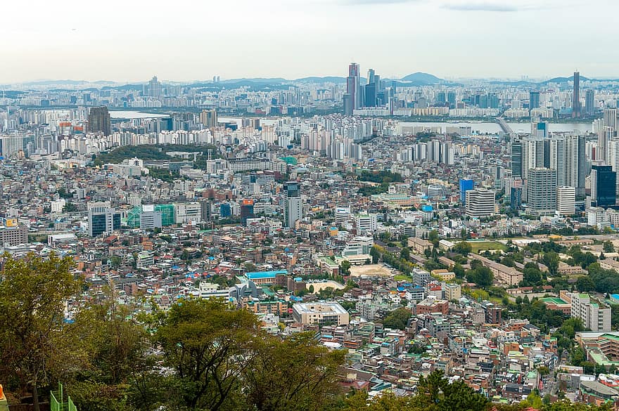 서울, 시티, 파노라마, 건물들, 고층 빌딩, 도시의, 거문고, 자본, 거리, 대한민국