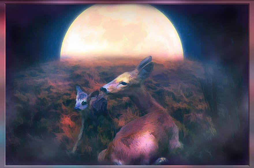 олень, животное, фантастика, природа, Луна, ночь, иллюстрация, милый, животные в дикой природе, трава, заход солнца