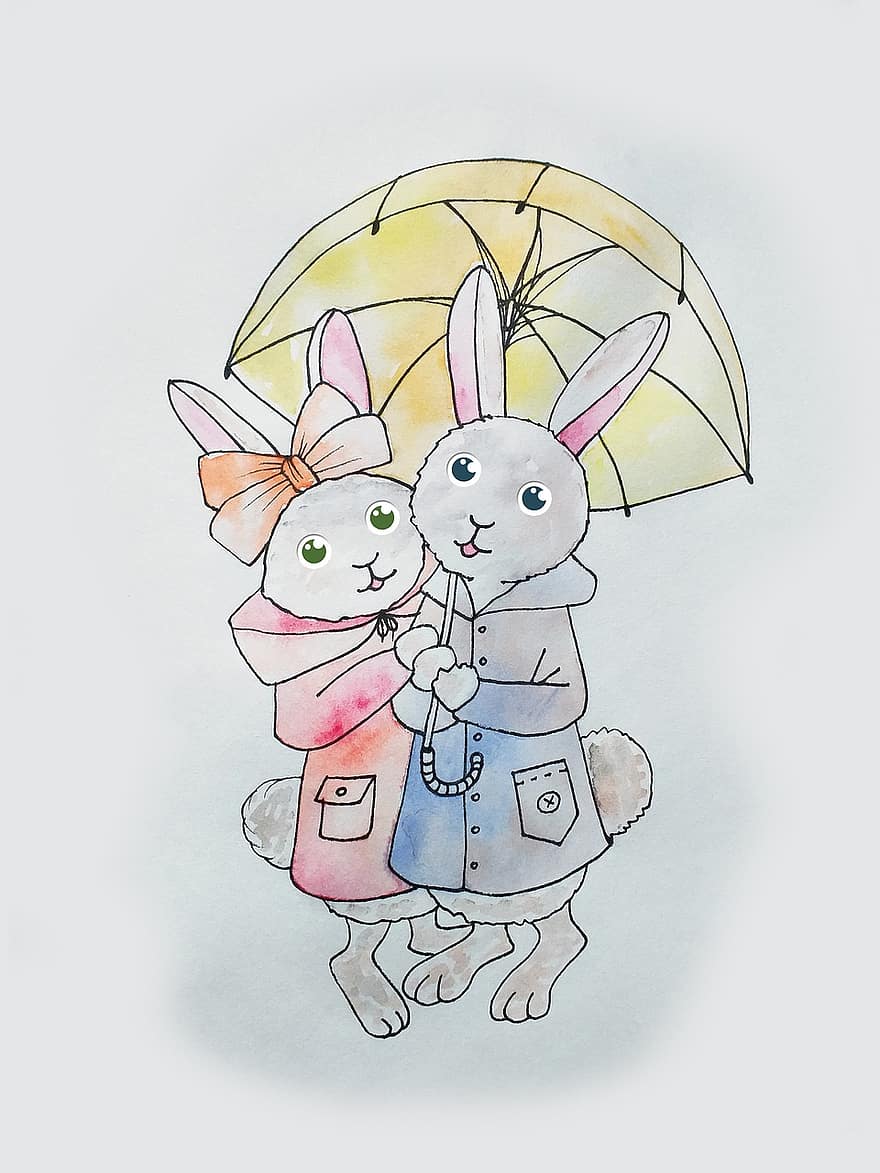 konijn, paar-, liefde, samen, romance, paraplu, herfst, regen, slecht weer, omhelzing, vrolijk
