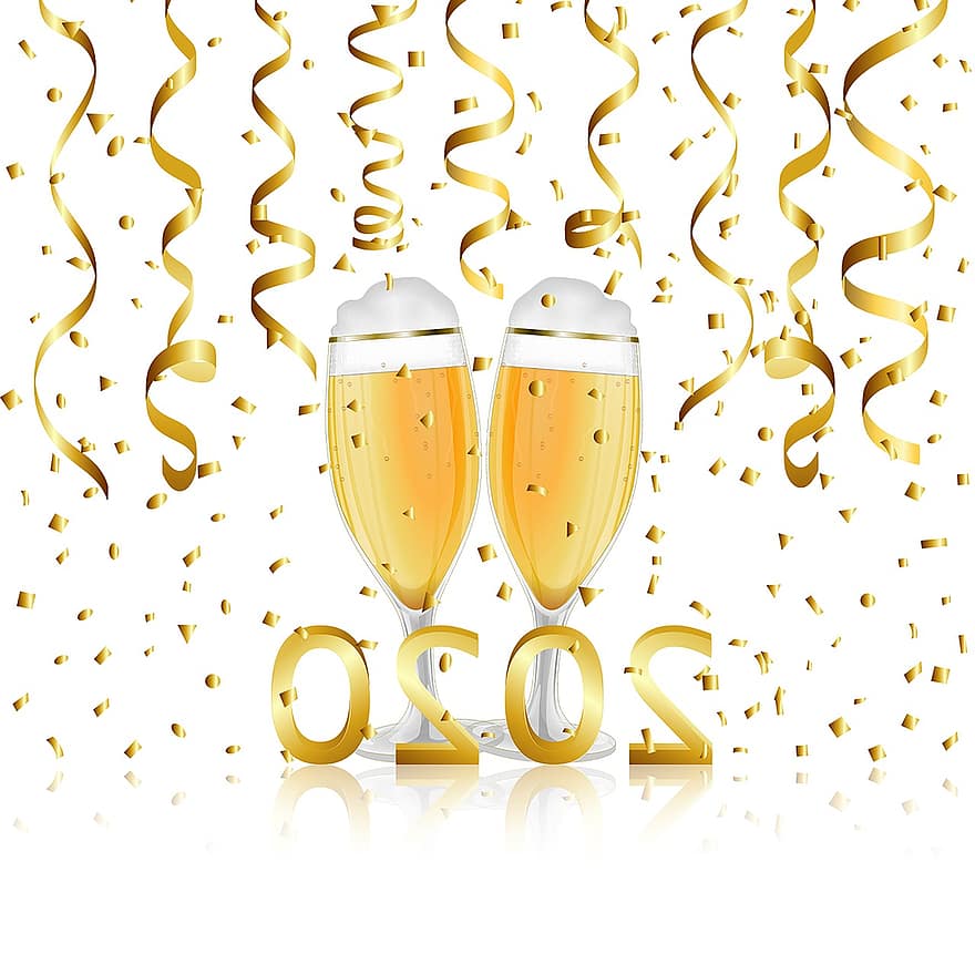 fin de año, Feliz año nuevo, celebrar, champán, feliz, año, partido, festival, tazas, papel picado, serpentinas