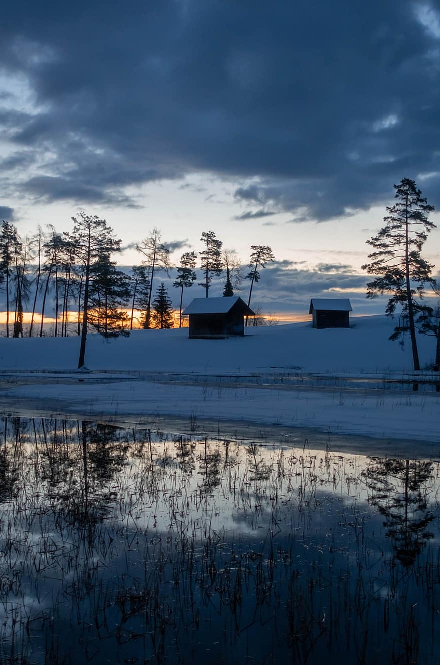 Village, Lake, Winter, Sunset, Reflection, Water, Pond, Snow, Houses, Trees, Dusk