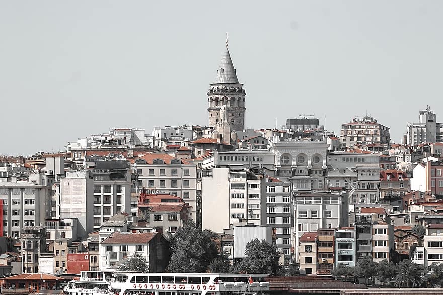 Stambula, ēkām, pilsēta, galata tornis, pilsētas, ostā, osta, laivas, dīvāns, tītara, turkiye