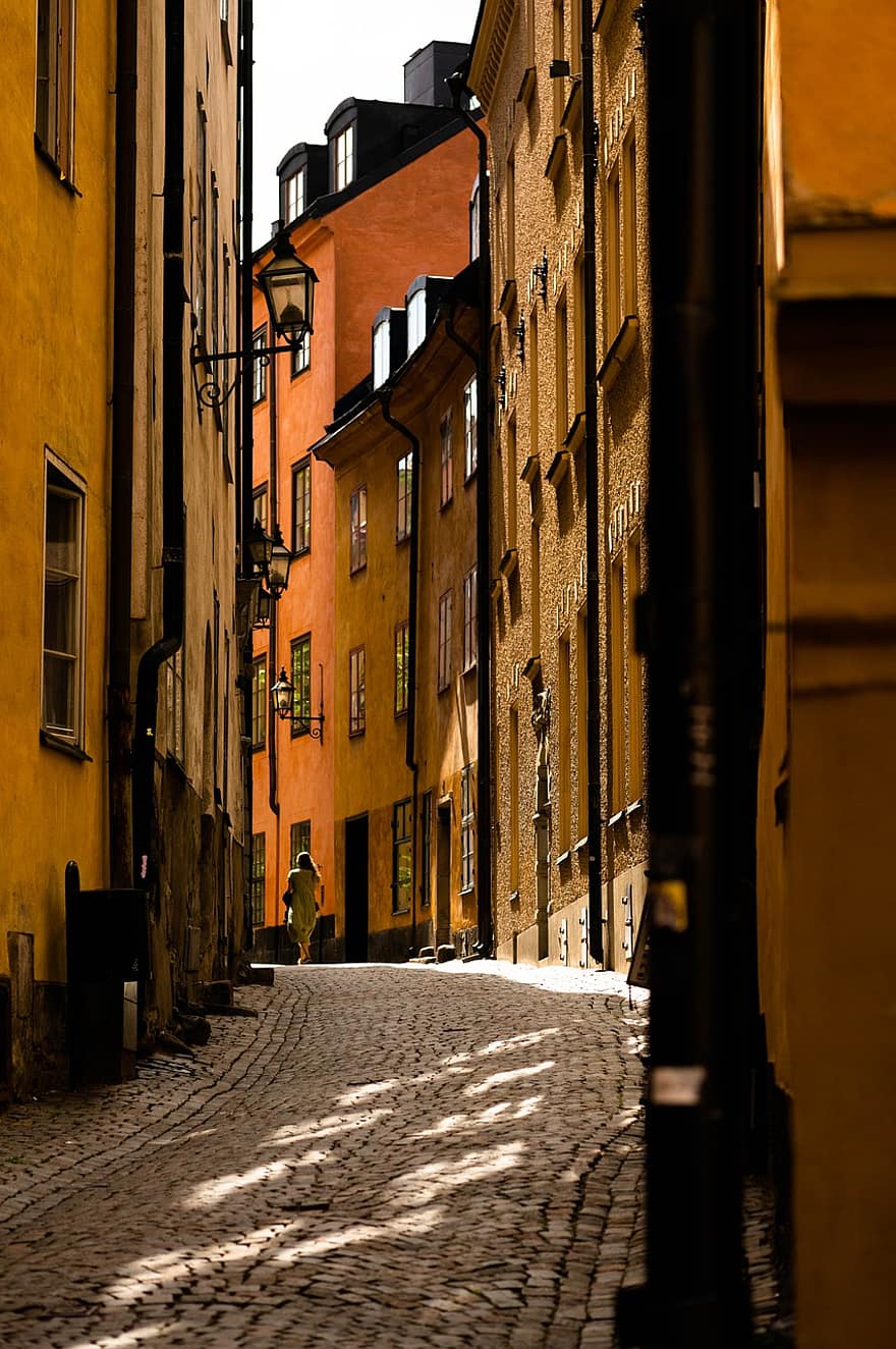utca, út, épület, macskakövez, város, színes, napfény, építészet, stockholm