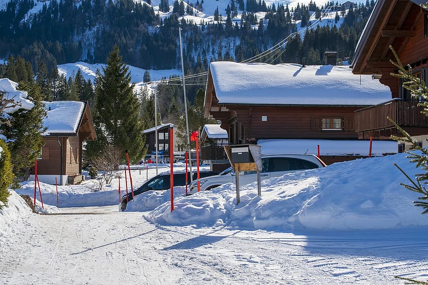 estrada, aldeia, inverno, neve, casas, carros, monte de neve, Alpes, Cidade, brunni, cantão de schwyz