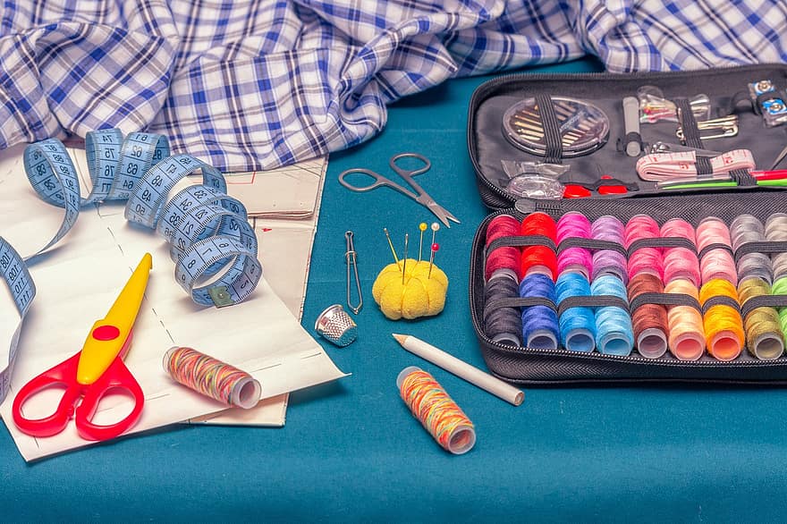 draad, naalden, pins, tafel, textiel, schaar, handwerk, hobby, kleermaker, werk, naaien