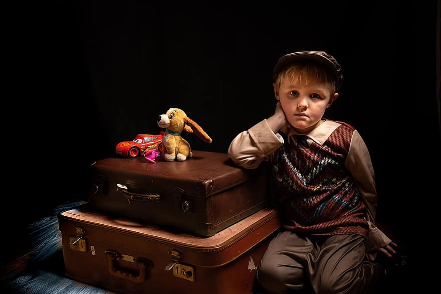 Kid, Boy, Suitcases, Portrait, Toys, Child, Young, Male, Pose, Luggage, Cute