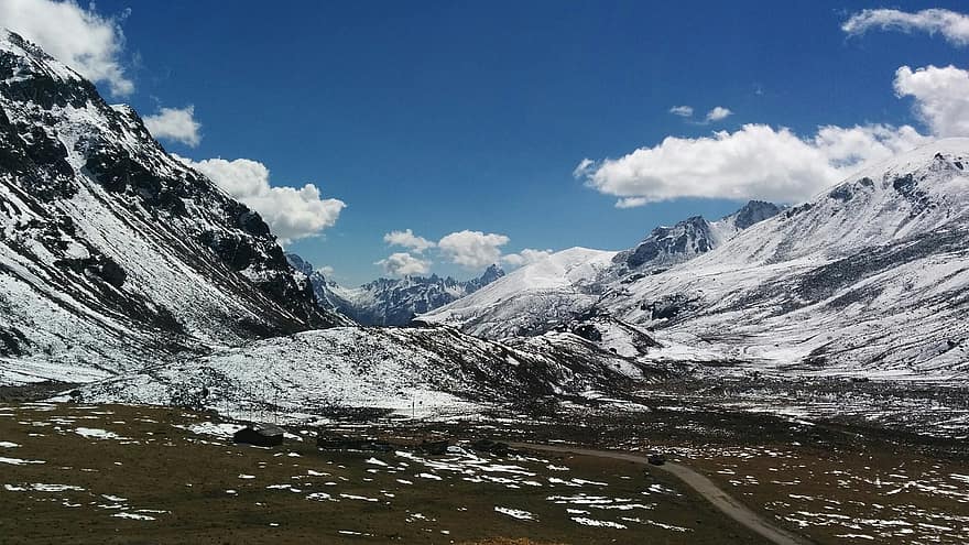 inverno, neve, montanhas, vale, estrada, panorama, cenário, natureza, cadeia de montanhas, nordeste, Índia