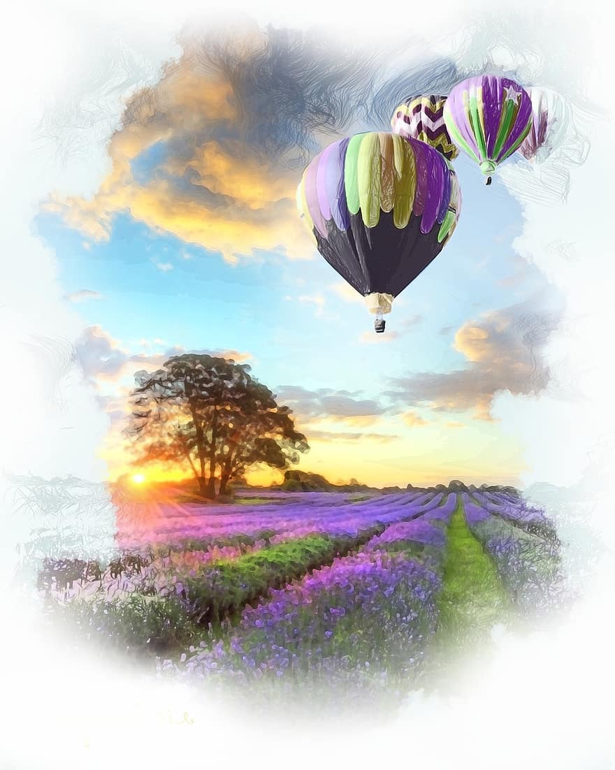 artă, desen, ilustrare, peisaj, zborul cu balonul cu aer cald, pictură, culoare