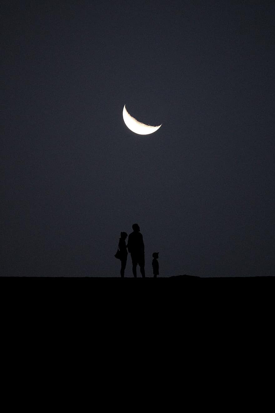 Family, Silhouette, Love, Baby, Mother, Father, Child, Together, Moon, Space, Night