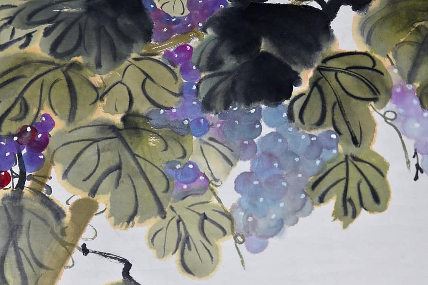 грозде, китайска живопис, плодове, Китайски, артистичен, здрав, прясно