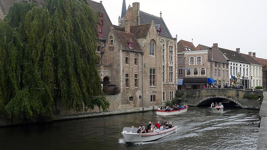 будівлі, каналів, човни, Брюгге, Бельгія, пам'ятки, екскурсії, туризм, архітектура, романтичний