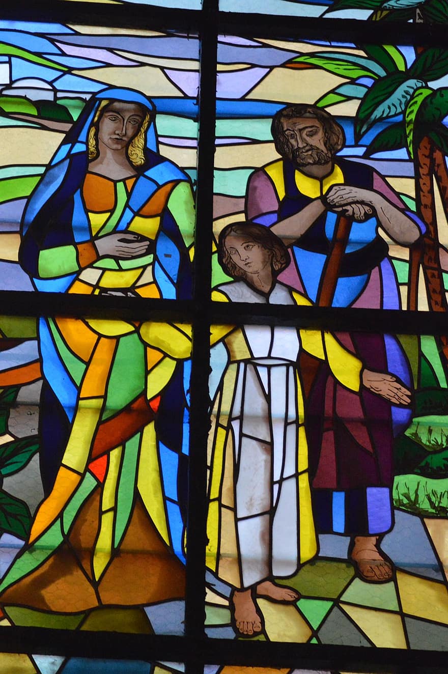 стъклопис, прозорец, църква, родители, дете, Исус, женен, статуя, Джоузеф, цветен, длан