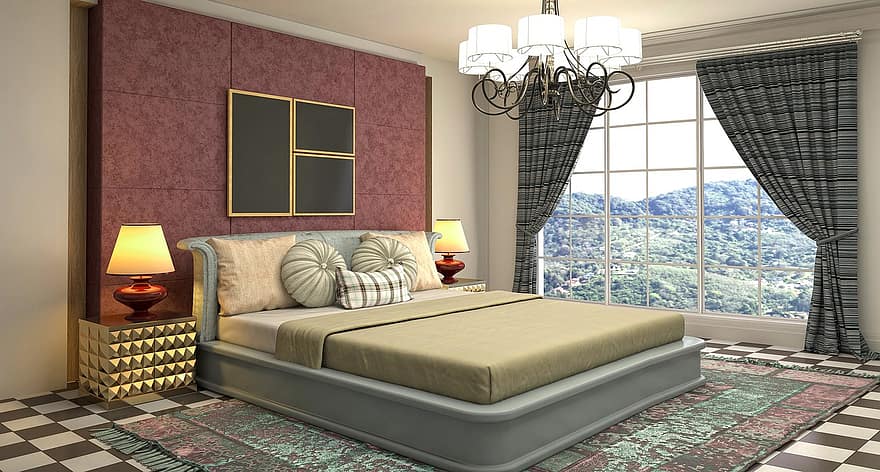 спалня, вътрешен дизайн, 3D визуализация, стая, интериор на стая, интериор на спалня, Главна спалня, украса, декор, мебели, стилен