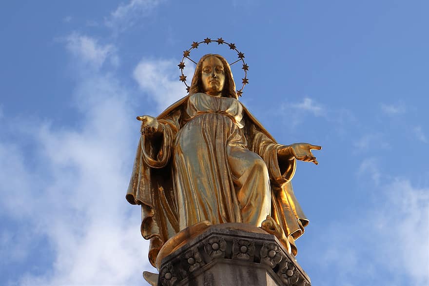 gouden standbeeld, standbeeld van de Maagd Maria, Christendom, geloof, religie, architectuur, standbeeld, Bekende plek, geestelijkheid, culturen, katholicisme
