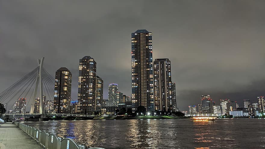Tokyo, Japan, Flussseite, Nachtsicht, Fluss