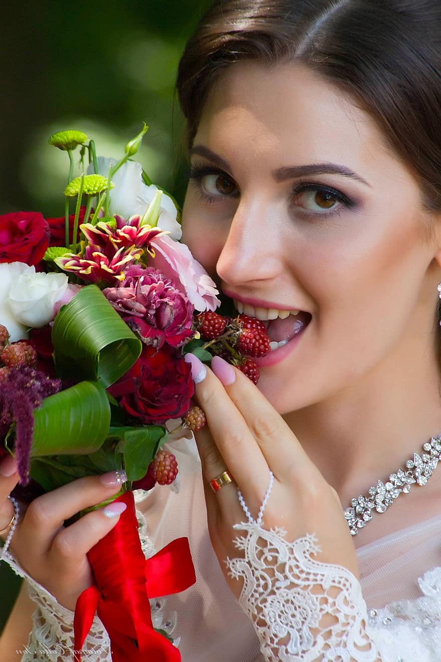 brud, jordbær, blomster, frukt, blomsterbukett, floral arrangement, bryllup, kvinne