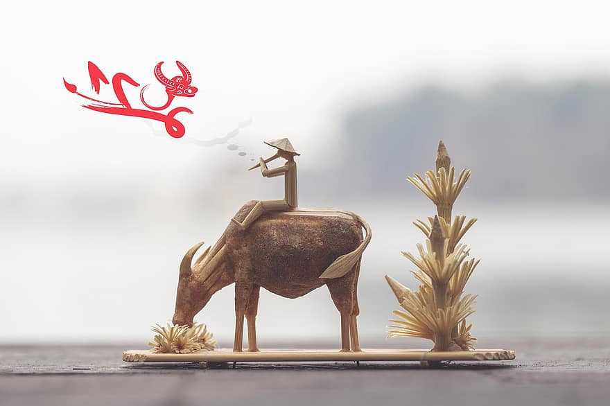 Buffalo, Figure, Handmade, Vietnamese, Farmer, Farming, Water Buffalo, Miniature, Wooden, 2021, New Year