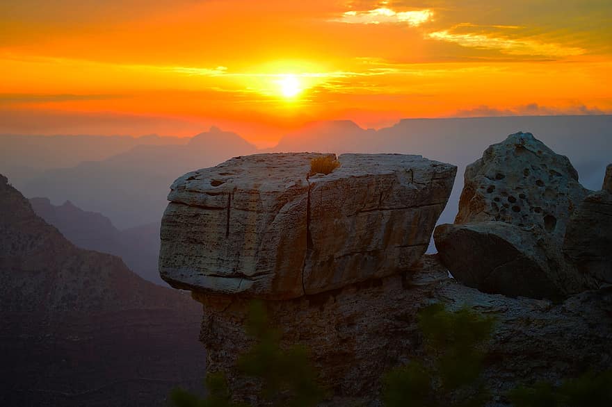 klippa, natur, solnedgång, Sol, solljus, landskap, sten, sten formation, Grand Canyon, Grand Canyon National Park, arizona