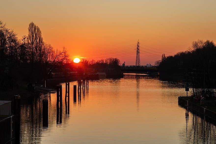 Canal Rin-Herne, via fluvial, posta de sol, Canal de transport, sol, aigua, reflexió, vespre, bloqueig, Ruta d'enviament, sortida del sol