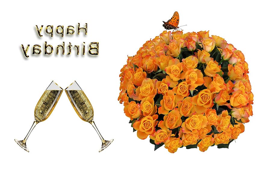 Flowers, Birthday Bouquet, Birthday Card, Greeting Card, Roses, Love, Champagne, Champagne Glasses, Abut, Prost, Cheers