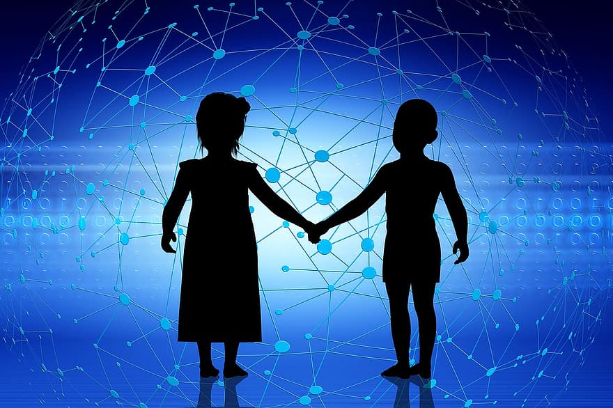 børn, frem, forståelse, hånd i hånd, system, web, netværk, forbindelse, forbundet, med hinanden, sammen