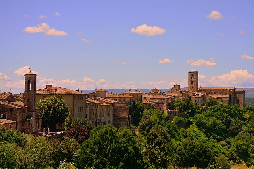 Šalis, kraštovaizdį, bažnyčia, medžiai, žalias, debesys, dangus, Colle di Val d'elsa, Toskanoje, Italija