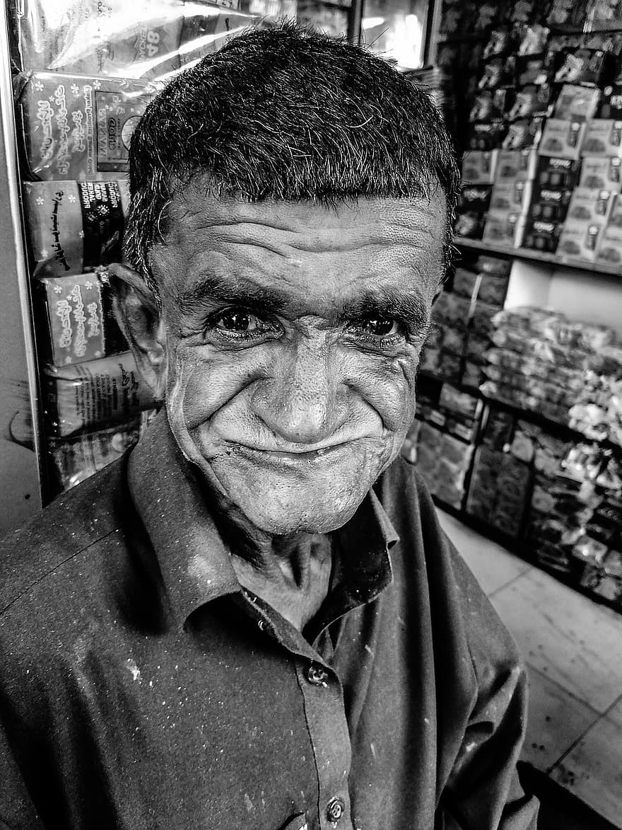 Man, Smile, Portrait, Homeless, Happy, Asian, Sindhi, men, one person, black and white, adult