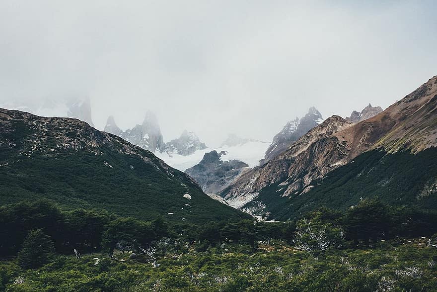 горы, туман, деревья, леса, долина, горная долина, Горные хребты, гористый, пейзаж, природа, Аргентина