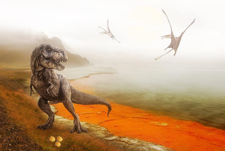 динозавры, птерозавр, т-рекс, река, яйца, доисторический, гейзер, горячие источники, Геотермальный источник, потухший, рептилия