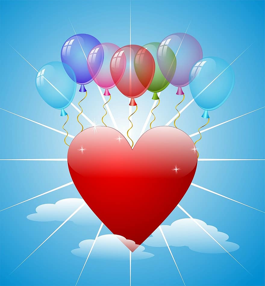 míče, karta, dovolená pozadí, Gratulujeme, barevné balónky, srdce, miláček, milovat, romantika, radost, uznání